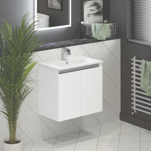 Newland 600mm Slimline Double Door Suspended Basin Unit With Ceramic Basin White Gloss