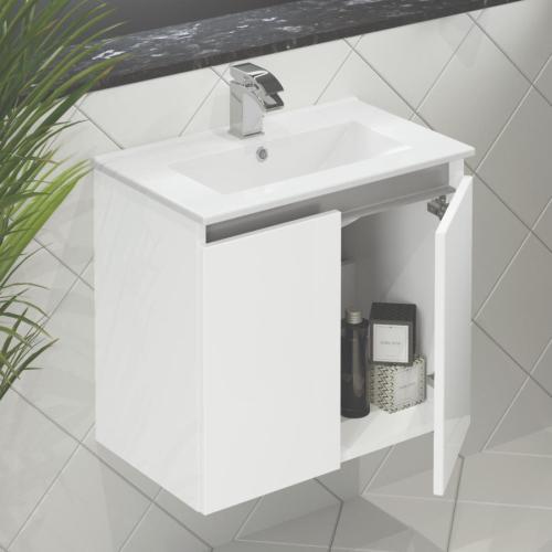 Newland 600mm Slimline Double Door Suspended Basin Unit With Ceramic Basin White Gloss