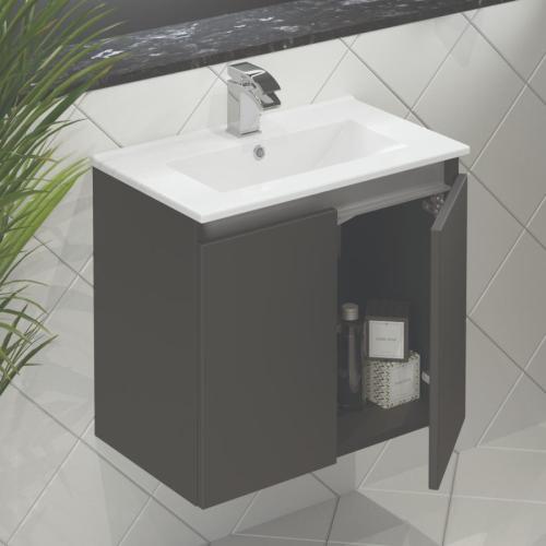 Newland 600mm Slimline Double Door Suspended Basin Unit With Ceramic Basin Midnight Mist