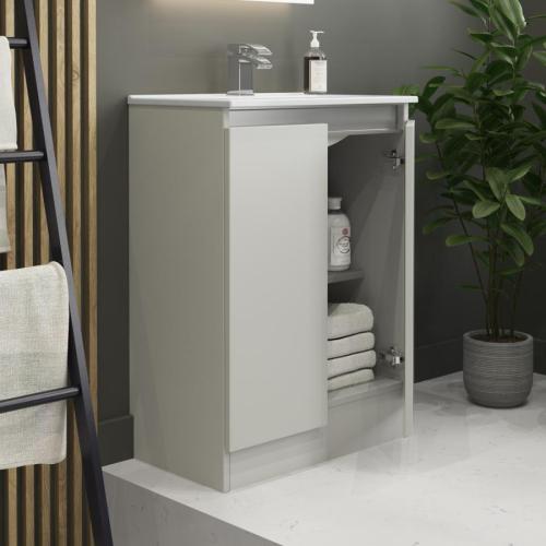 Newland 600mm Slimline Floorstanding Double Door Basin Unit With Ceramic Basin Pearl Grey