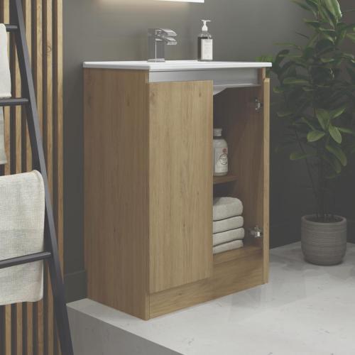 Newland 600mm Slimline Floorstanding Double Door Basin Unit With Ceramic Basin Natural Oak