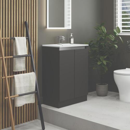 Newland 600mm Slimline Floorstanding Double Door Basin Unit With Ceramic Basin Midnight Mist