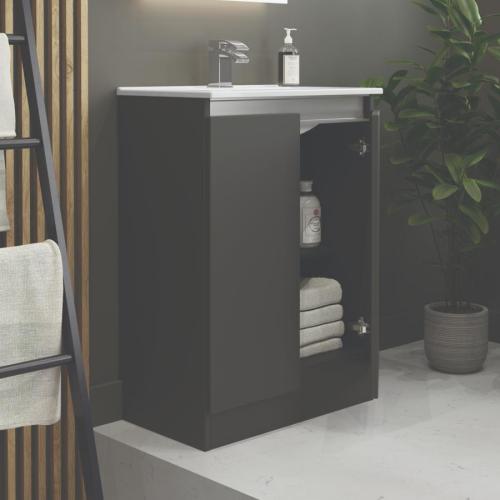 Newland 600mm Slimline Floorstanding Double Door Basin Unit With Ceramic Basin Midnight Mist