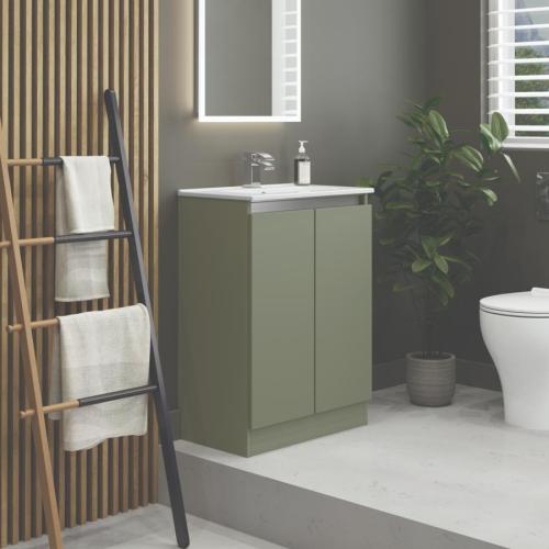 Newland 600mm Slimline Floorstanding Double Door Basin Unit With Ceramic Basin Sage Green