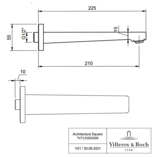 Villeroy & Boch Architectura Chrome Wall Mounted Square Bath Spout TVT12500200061