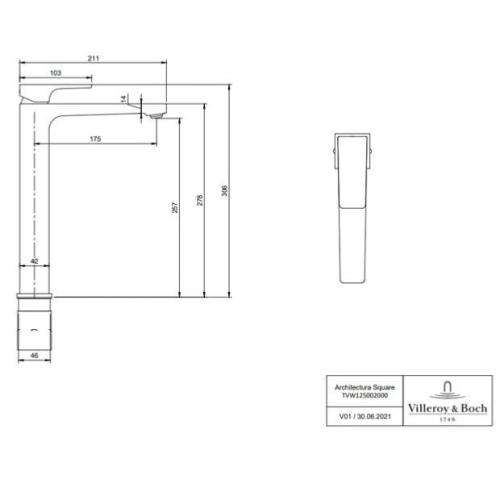 Villeroy & Boch Architectura Tall Square Single Lever Basin Mixer with Pop Up Waste Chrome TVW12500200061