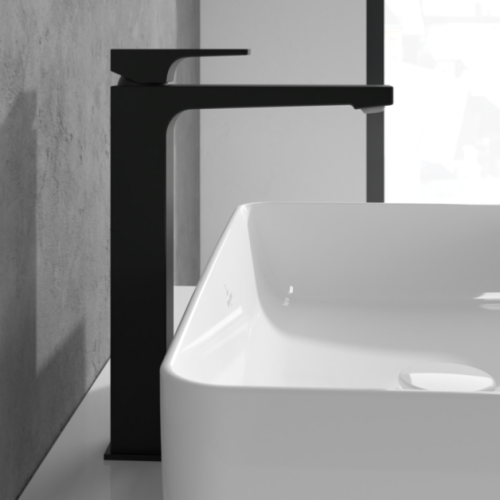 Villeroy & Boch Architectura Tall Square Single Lever Basin Mixer with Pop Up Waste Matt Black TVW125002000K5