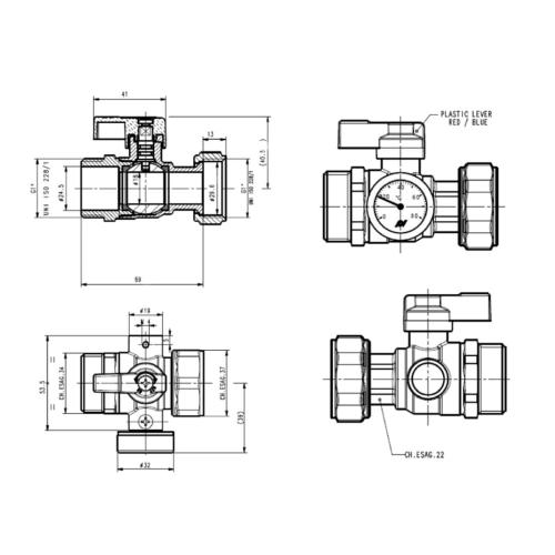 Polypipe 1?(M) x 1?(F) Swivel Temperature Gauge Ball Valves (Pair) UFH164
