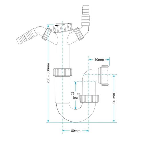 Viva 40mm Twin Appliance Washing Machine Sink Trap - 76mm Seal twin spigot WTST02