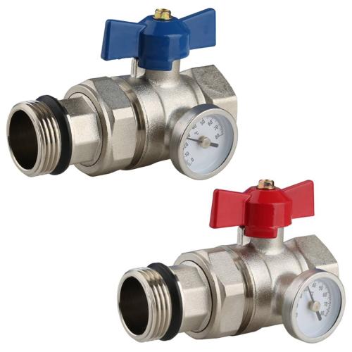 RadiantHeat PRO 1" Ball Valve with Temp Gauge Set Red & Blue (Pair) ZL-4012