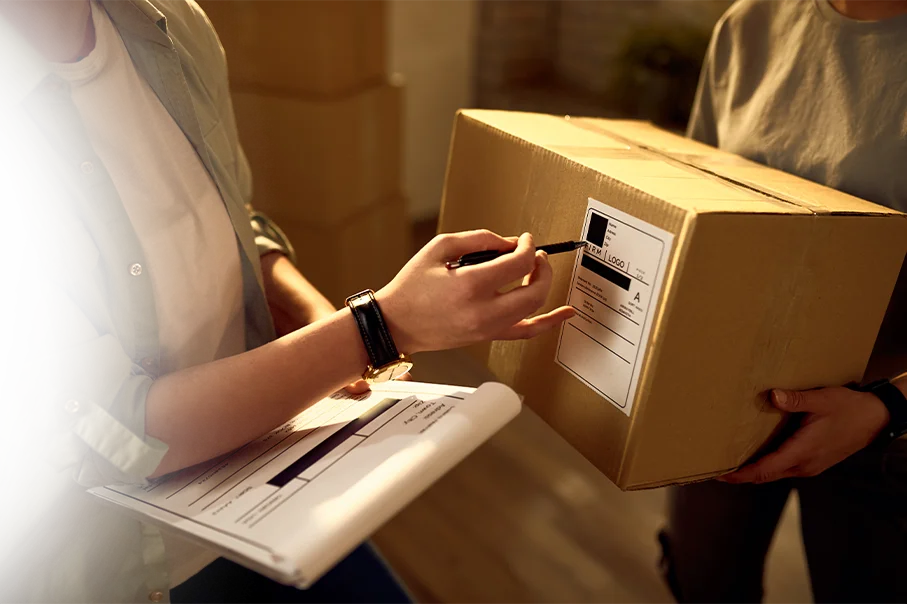 two delivery women cooperating while checking data on packages in office