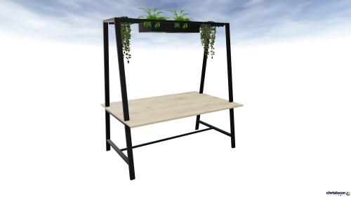 A FRAME TABLE WITH OVER FRAME INCLUDING X2 PLANTERS X2 OVERHEAD TRAYS BLACK TRIM RUSTIC MFC