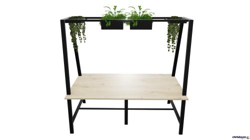 A FRAME POSEUR TABLE WITH OVER FRAME INCLUDING X2 PLANTERS X2 OVERHEAD TRAYS - BLACK TRIM RUSTIC MFC