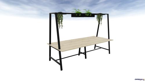 2 PIECE TABLE WITH OVER FRAME INCLUDING X2 PLANTERS X2 OVERHEAD TRAYS BLACK TRIM RUSTIC MFC