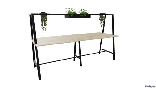 A FRAME 2 PIECE POSEUR TABLE WITH OVER FRAME INCLUDING X2 PLANTERS + X2 OVERHEAD TRAYS BLACK TRIM RUSTIC MFC