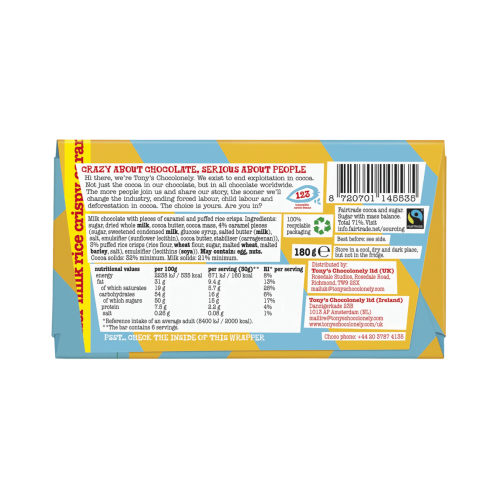 Tony's Chocolonely Bar - Milk Chocolate Rice Crispy Caramel (15x180g)