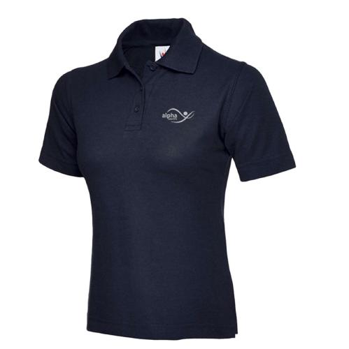 ADEY Alpha Scientific Ladies Fit Navy Polo Shirt With Alpha Scientific Logo Left Hand Breast