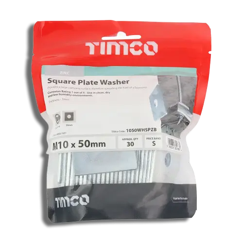 TIMCO Square Plate Washer M10 x 50 x 50 x 3mm PK 30