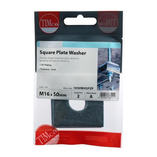 TIMCO Square Plate Washer M16 50 x 50 x 3mm PK 2