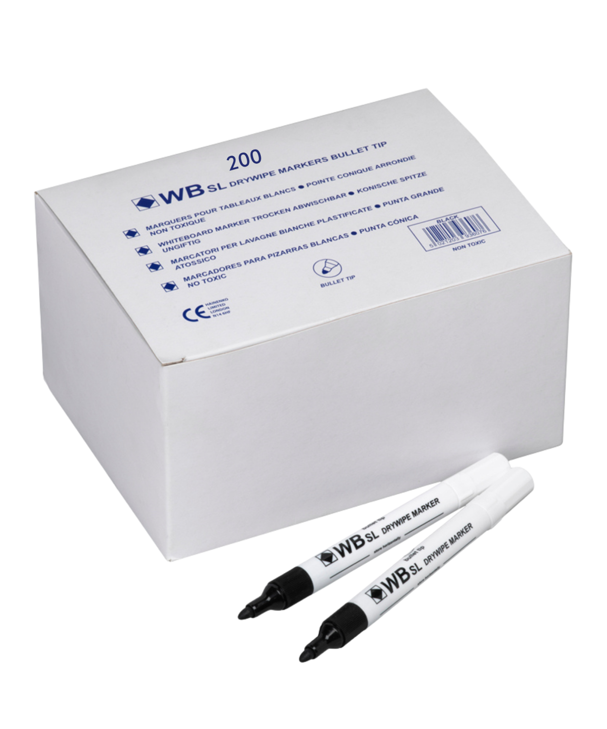 Slimline Black Fine Bullet Drywipe Markers Box of 200 (20x10pk)