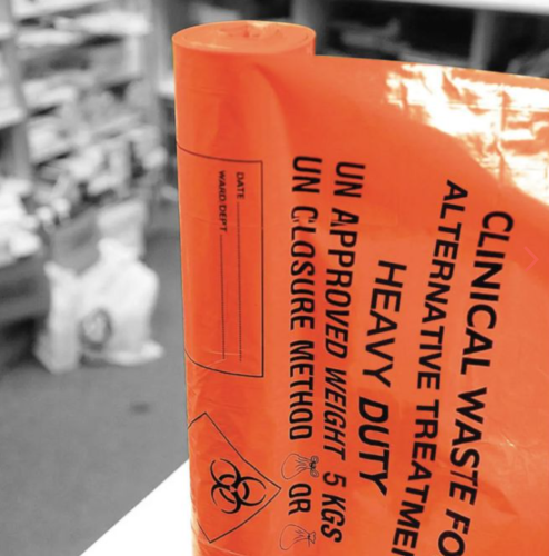 Orange 90L (12KG) Heavy Duty Clinical Waste Sacks on a Roll Pk500 10 Rolls of 50
