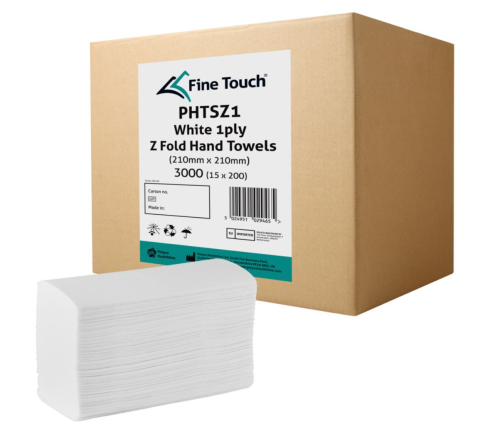 Fine Touch Z-Fold Towels - 1 Ply - Embossed White 230x230mm   Case 3000 (15x200)