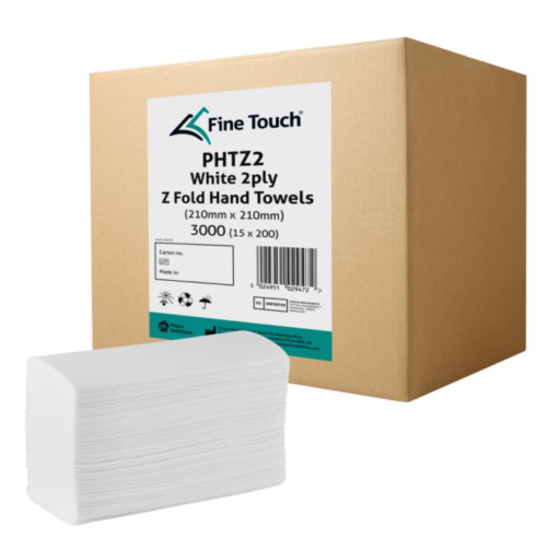 Fine Touch Z-Fold Hand Towels - 2 Ply - Embossed White 230x230mm  PkCase 3000 (20x150)