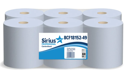 Sirius Blue 2-ply Laminated and Embossed Centrefeed Roll 166mm x 150m Packed 6