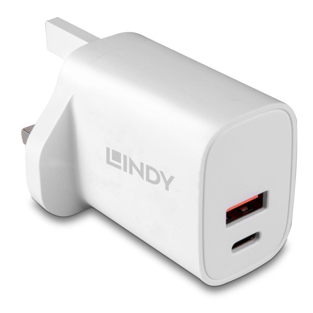 Lindy 20W USB & USB-C Fast Charger Power Adapter with Power Delivery 3.0, 3A Dual Port Wall Charger, White