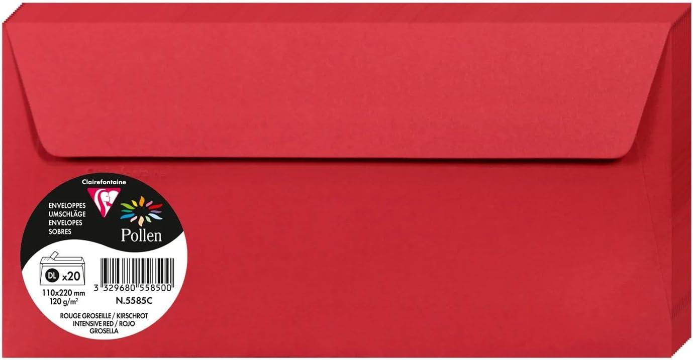 Clairefontaine 5585C Pack of 20 Self-Adhesive Envelopes Format DL 110x220mm 120gsm Intensive Red Invitation Events Correspondence Pollen Range Premium Paper