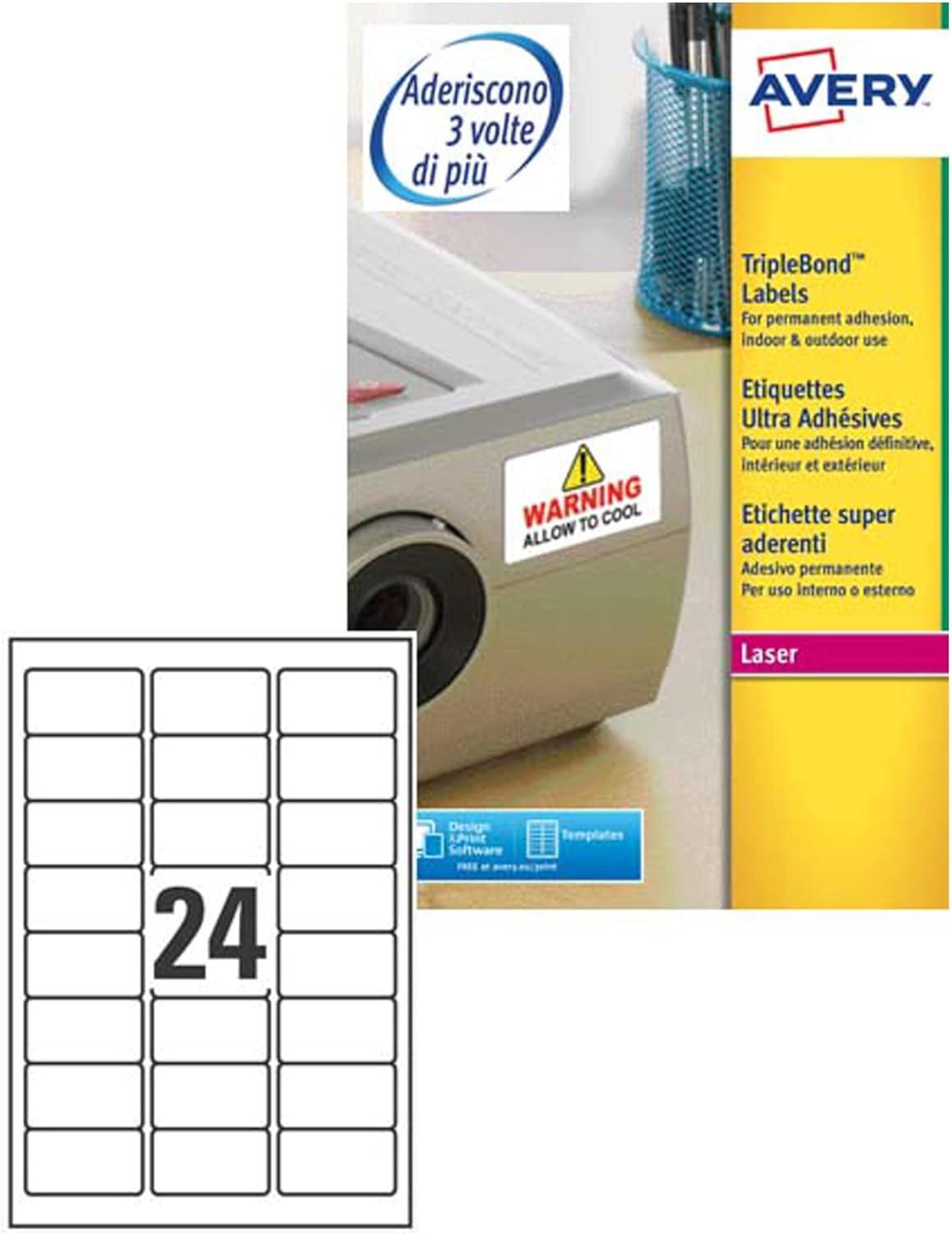 Avery L6141-20 Ultra-Adhesive Laser Labels 63.5 x 33.9mm White Waterproof Permanent – 480 Labels (20 Sheets)