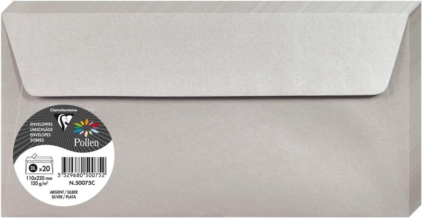Clairefontaine 50075C Silver Iridescent Paper Pack of 20 Self-Adhesive Envelopes DL 110x220mm 120gsm Invitation Events Correspondence Pollen Range Premium