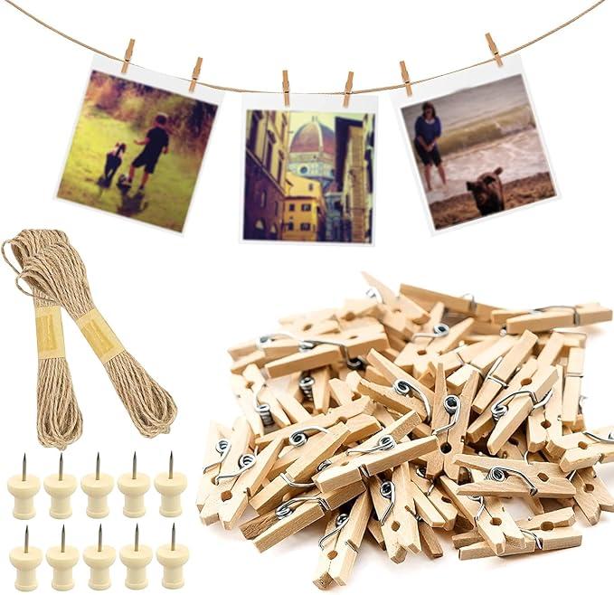 150 Pcs Photo Clips Pegs, Photo Pegs and String, Small Pegs for Hanging