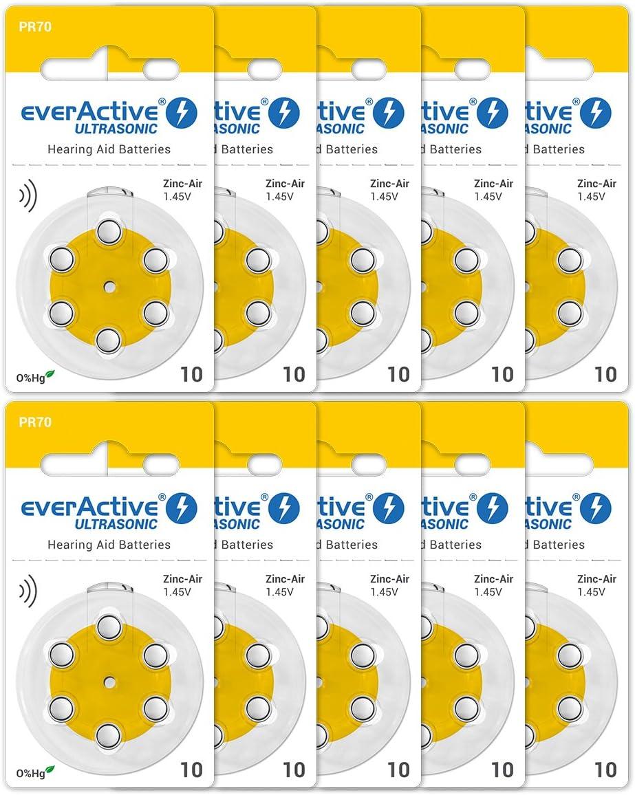 everActive Size 10 Hearing Aid Batteries 60 Pack – High Performance Zinc Air PR70 Yellow Batteries
