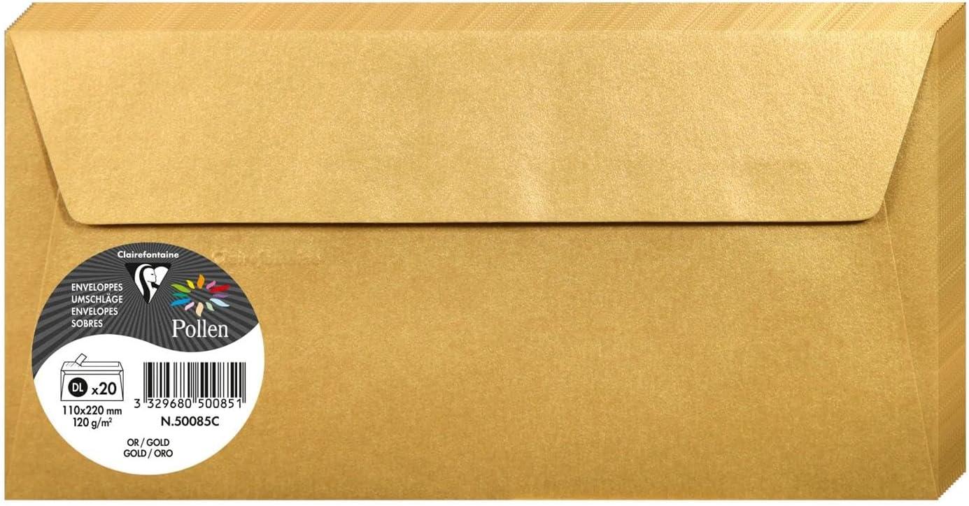 Clairefontaine 50085C Gold Iridescent Paper Pack of 20 Self-Adhesive Envelopes DL 110x220mm120gsm Invitation Events Correspondence Pollen Range Premium