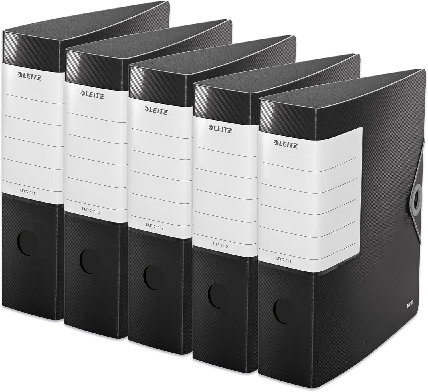 Leitz Quality Folder 180° Solid, Pack of 5, A4, Black, 8.2 cm Spine Width, Elastic Closure, Robust Polyfoam, Extra Wide, Interchangeable Spine Label, 11120095