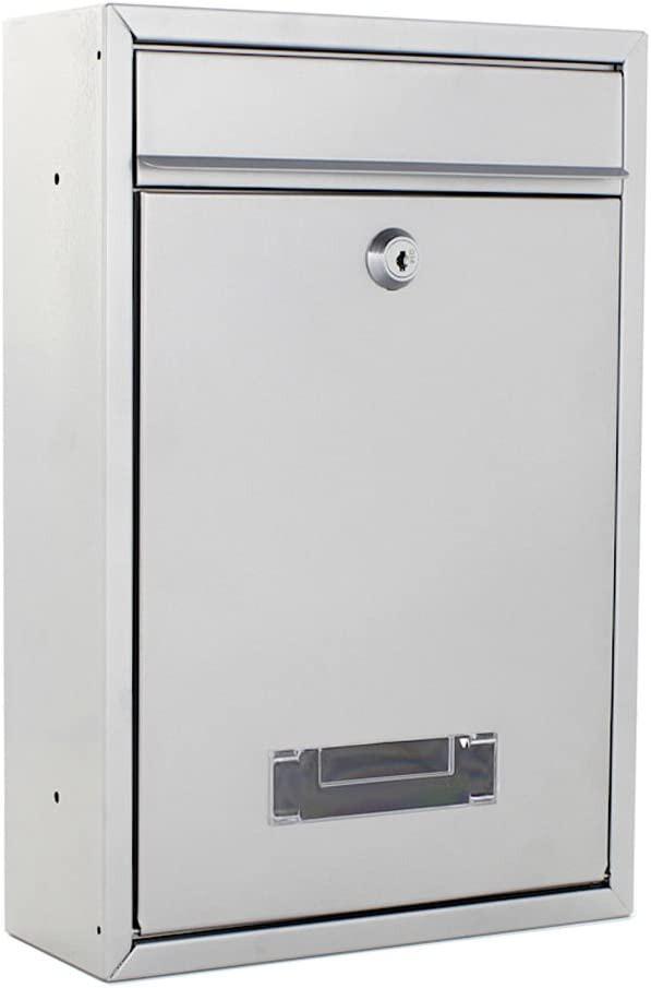 Rottner T02943 Tarvis Silver Zinc-Plated Steel Mail Box with 175x30mm Front Posting Flap - Cylinder Lock and Front Name Plate Window - W215 x D90 x H320mm