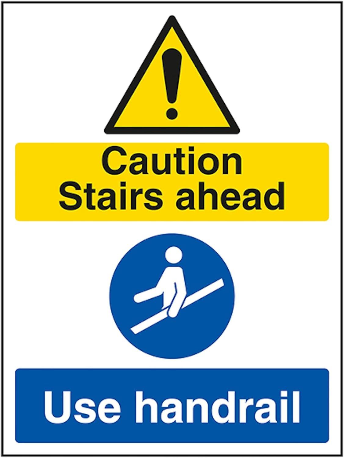 ValueX Caution Stairs Ahead/Use Handrail 200 x 300 mm - Self Adhesive Vinyl Safety Sign