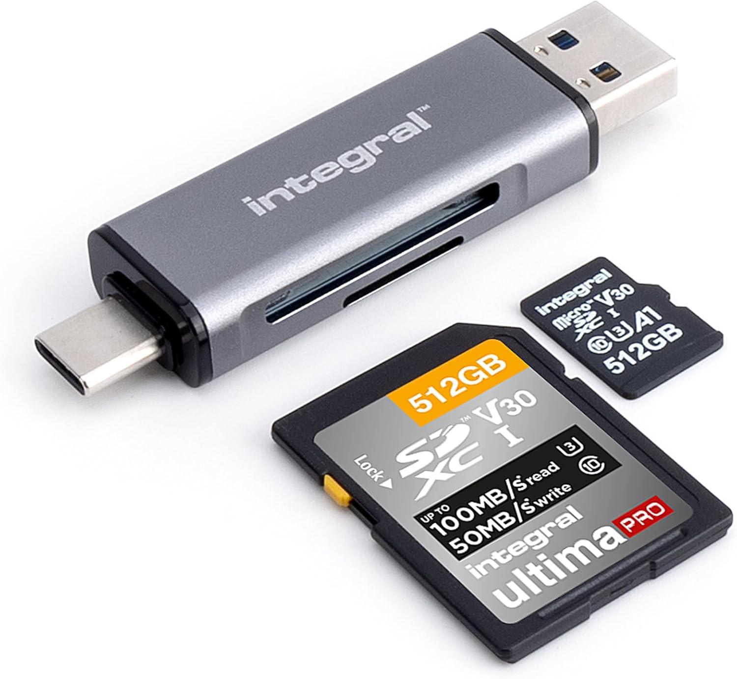 Integral SD and microSD Memory Card Reader | Dual Ended – USB 3.2 Gen 1 Type-A and USB Type-C Connectors