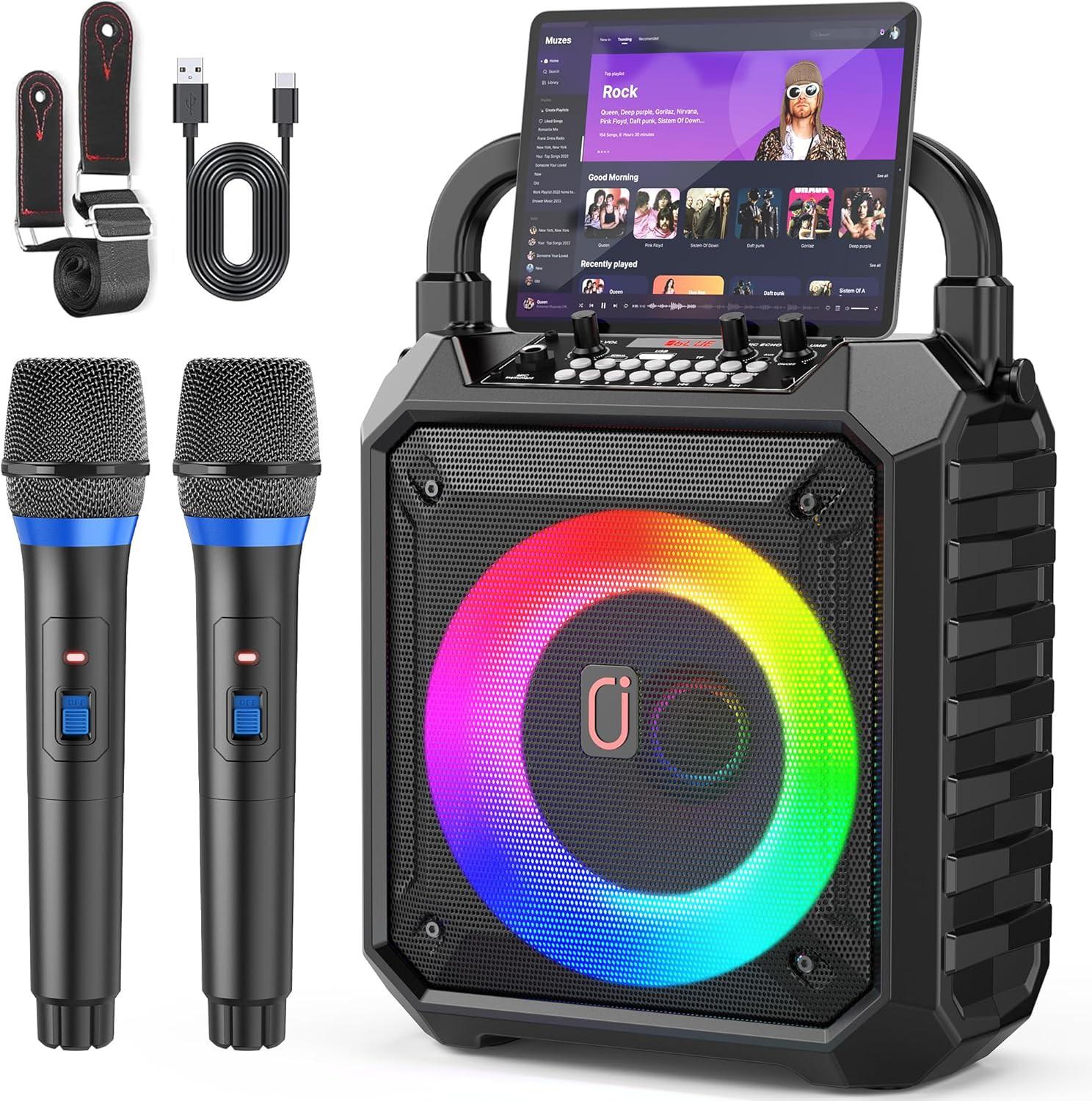 JYX Karaoke Machine with 2 Wireless Microphones, 12H Battery Portable Bluetooth Speaker with Reverb Control & LED Lights for Adults and Kids