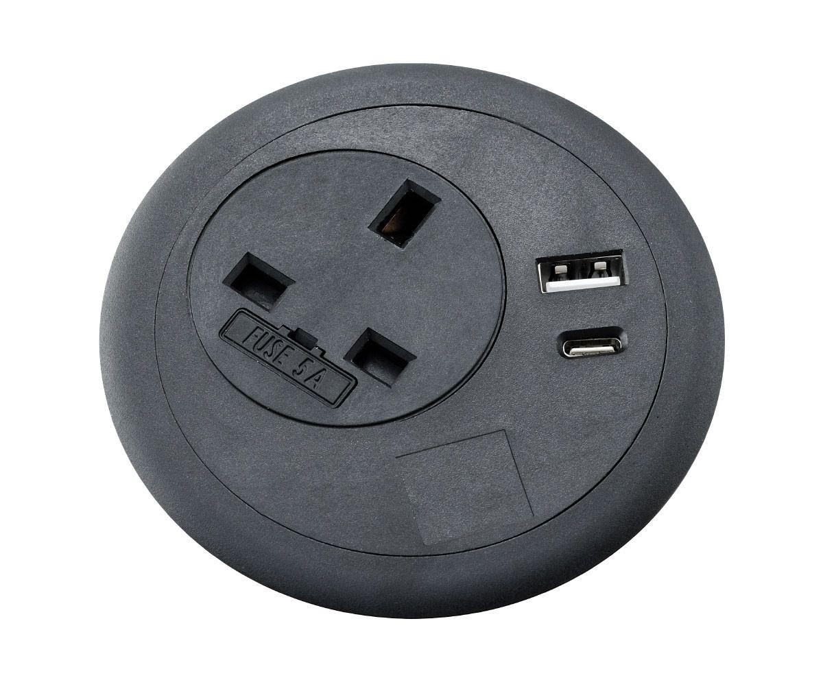 Advanced Power Grommets Black 80mm UK power, dual A&C USB Smart Charger & 1Metre Starter Lead