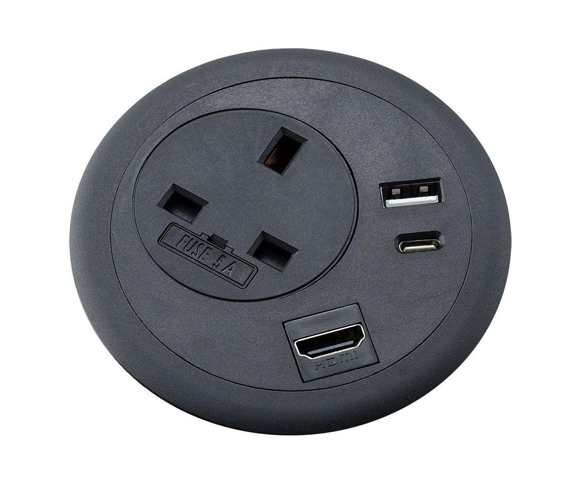 Advanced Power Grommets Black 80mm UK power, dual A&C USB Smart Charger ,Hdmi Coupler & 1Metre Starter Lead
