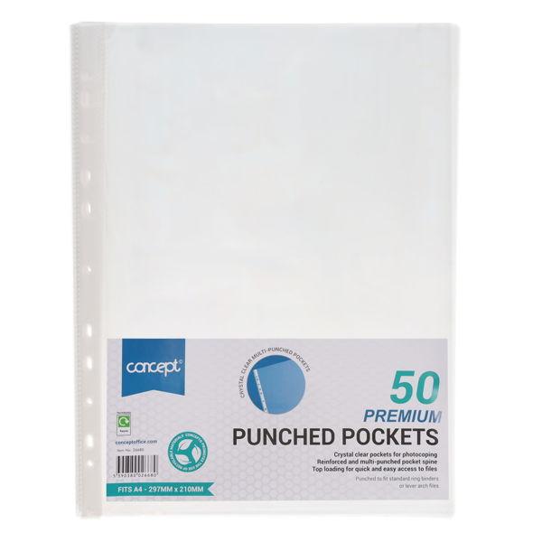 Concept A4 Punched Pockets – Clear Plastic Document Sleeves for Ring Binders & Lever Arch Files (Pack of 50)