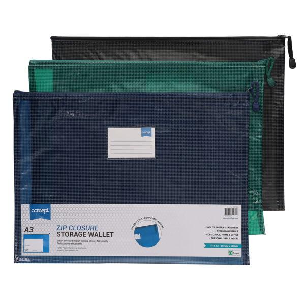 Concept A3+ Mesh Wallet Assorted Colours – Zipped Document Storage Bag for A3 Papers & Supplies