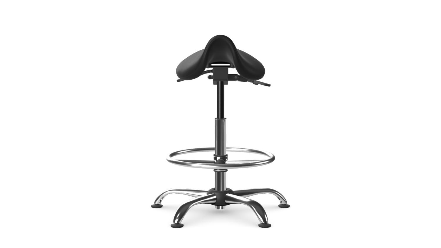 KH-SELLA Ergonomic Height Adjustable Lab Stool Black Seat with Chromed Footrest Chromed Base with Glides