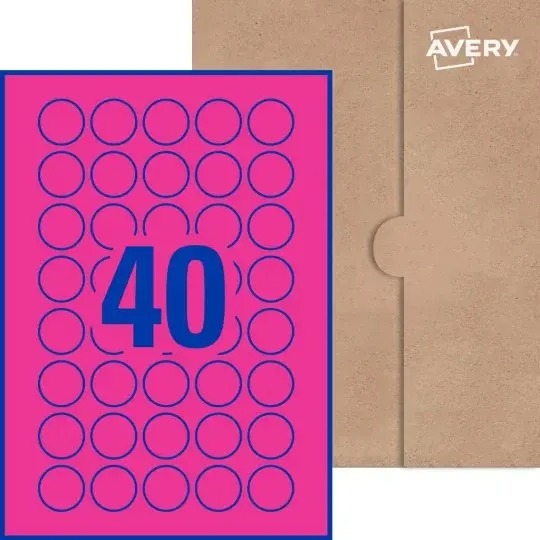 Avery 30mm Round Labels Pink Neon – 48 Labels Per Sheet, 5 Sheets (240 Labels) – Permanent Self-Adhesive Stickers