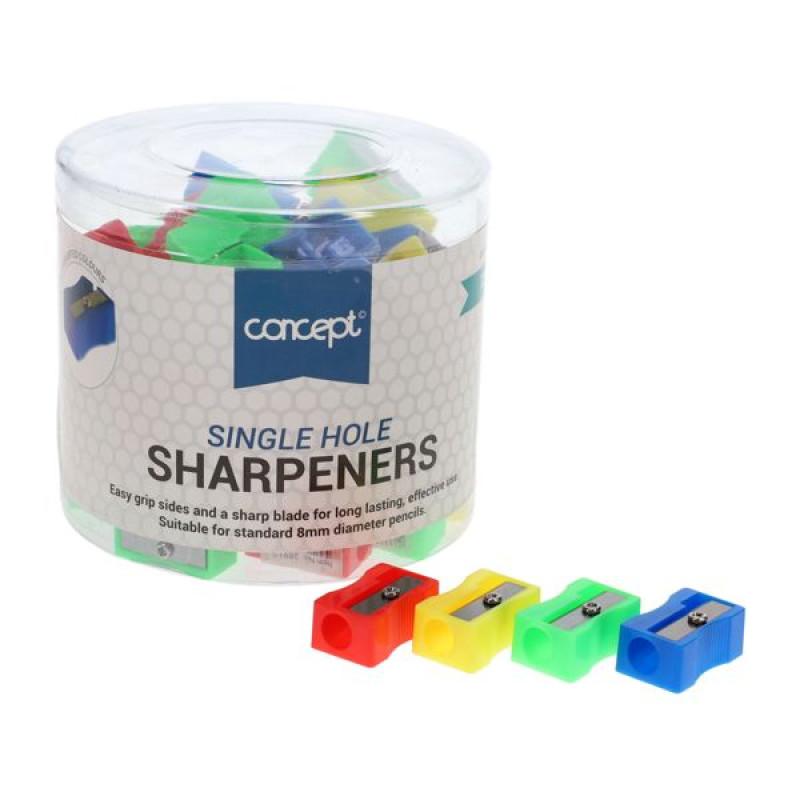 Concept Single Hole Pencil Sharpener Assorted Colours CDU Display – Manual Plastic Sharpener for School & Office