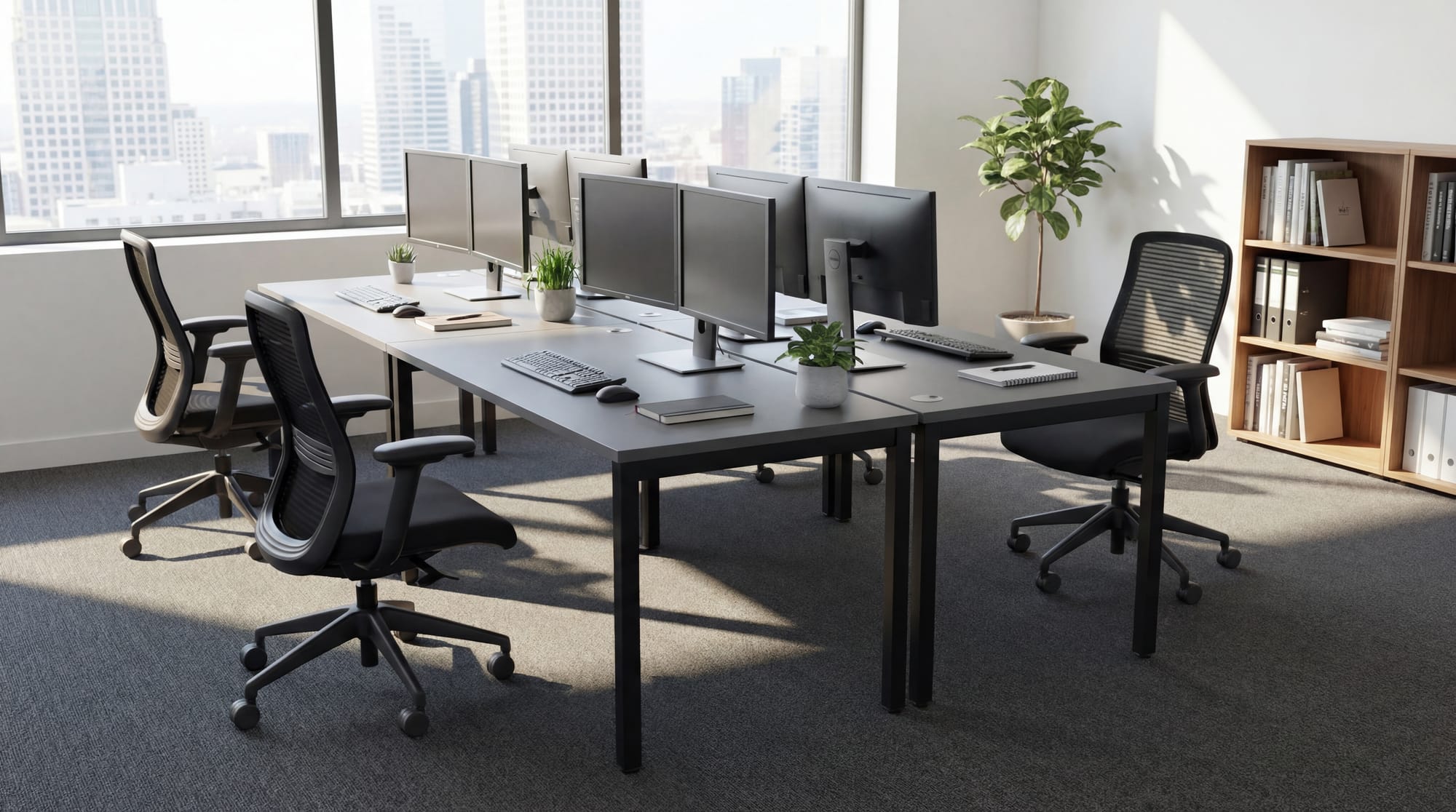 Bench desking workstation with ergonomic task chairs, dual monitors and shelving in an open-plan office
