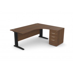 Walnut office desk with a pedestal and metal legs