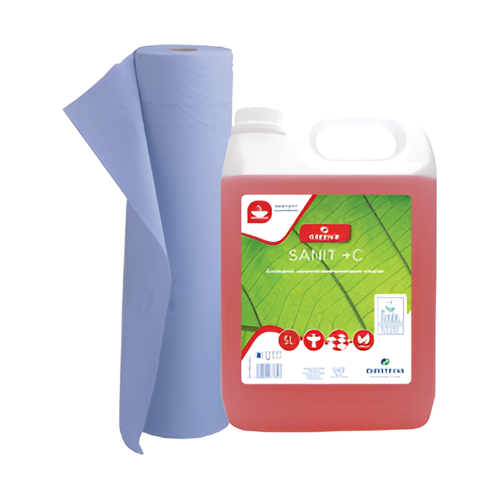 Blue paper roll and a bottle of cleaning liquid